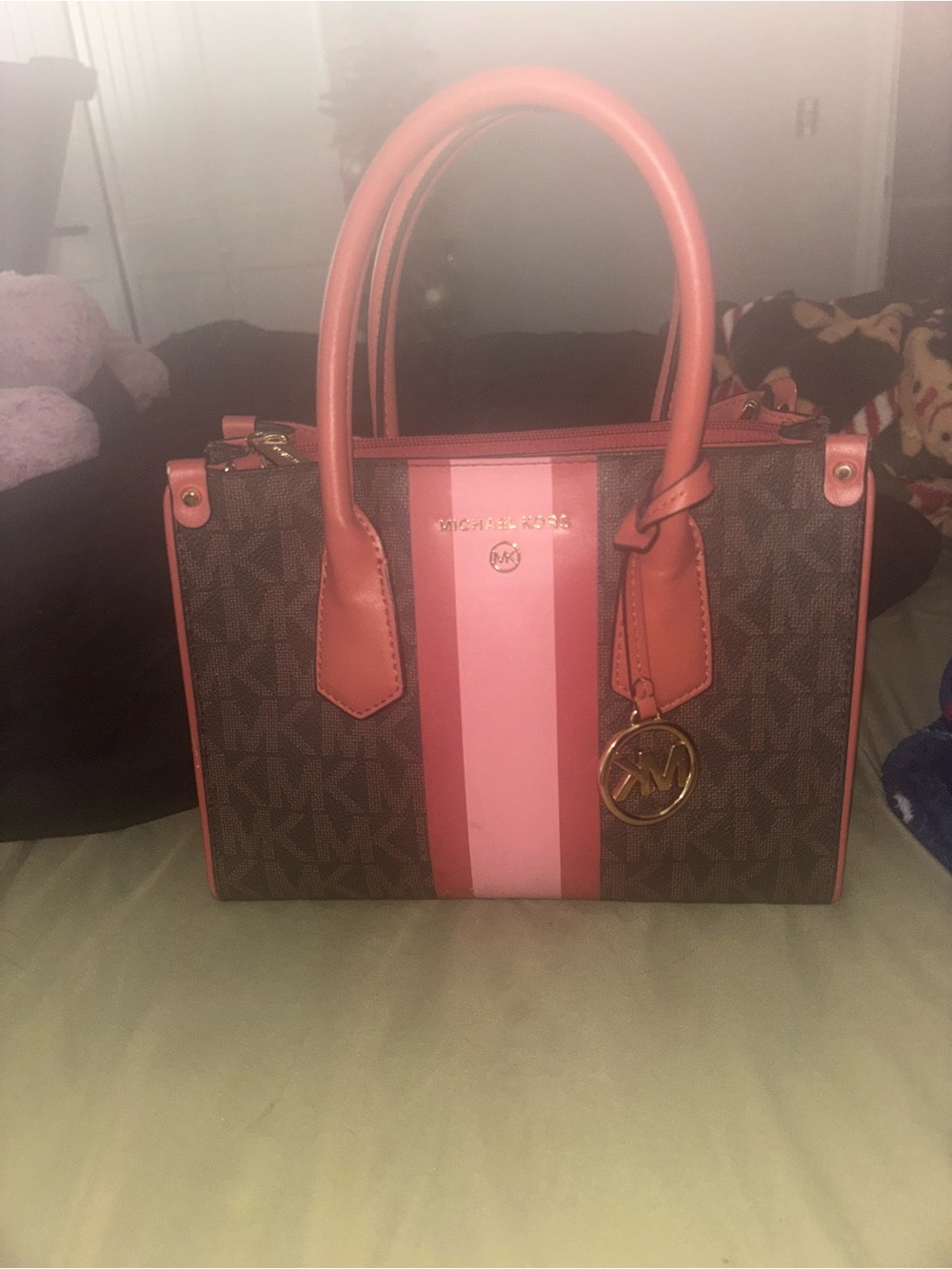 Michael Kors Brown Signature Satchel with Pink Stripe Accents